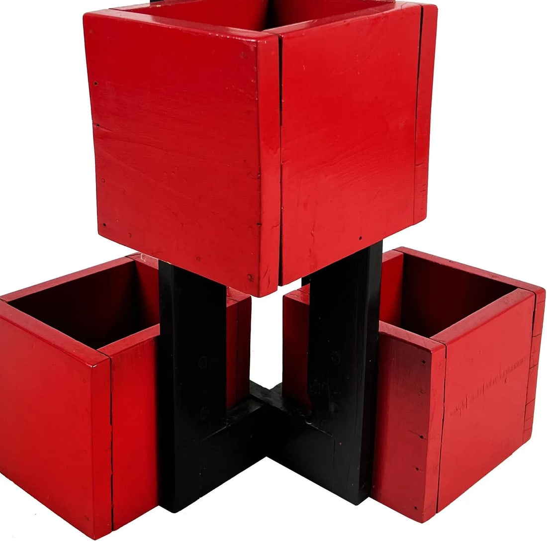 Vintage 1960s Handmade Modern Painted Black & Red Wood De Stilj Staggered Cubes Floor Planter - 2