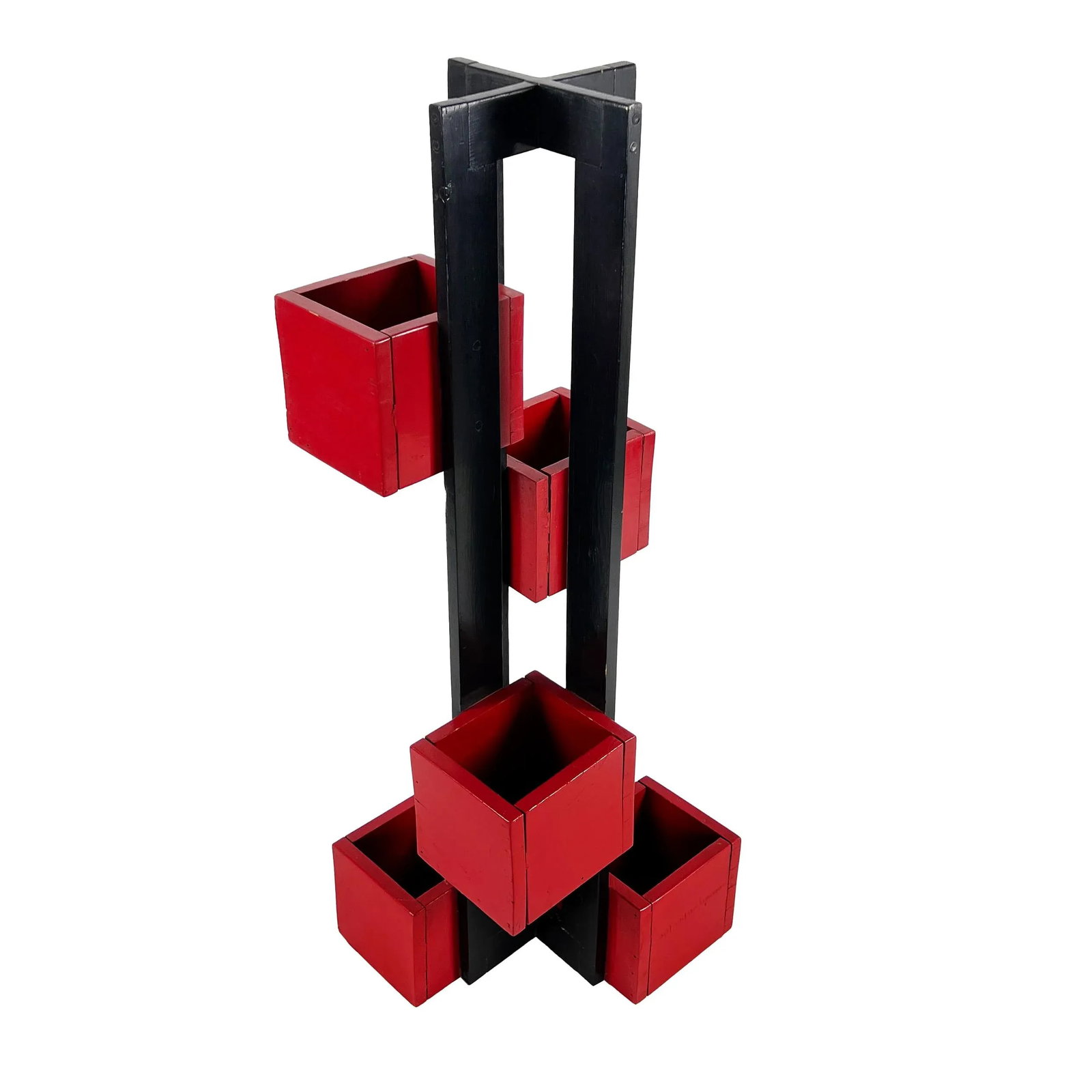 Vintage 1960s Handmade Modern Painted Black & Red Wood De Stilj Staggered Cubes Floor Planter - 5