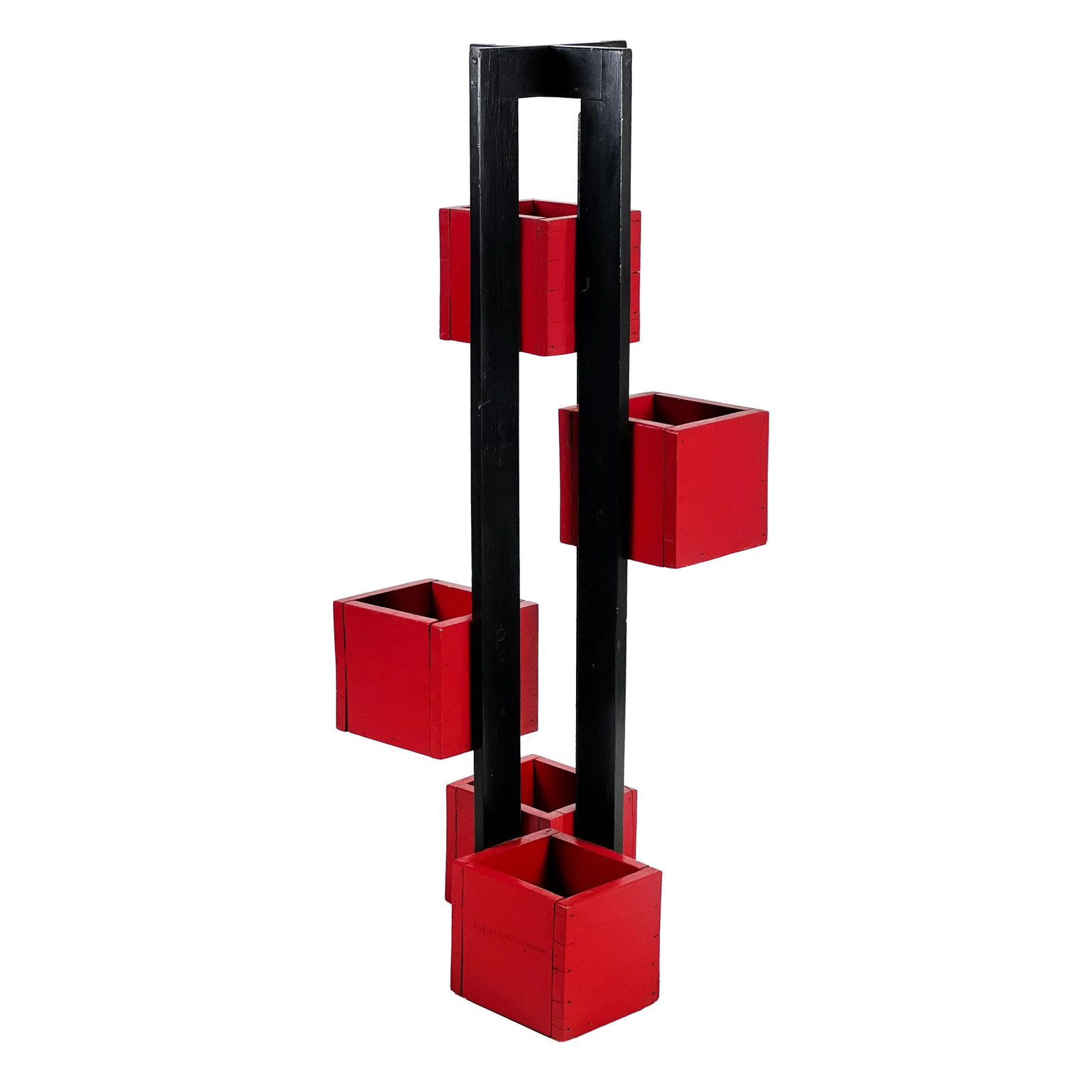 Vintage 1960s Handmade Modern Painted Black & Red Wood De Stilj Staggered Cubes Floor Planter - 6