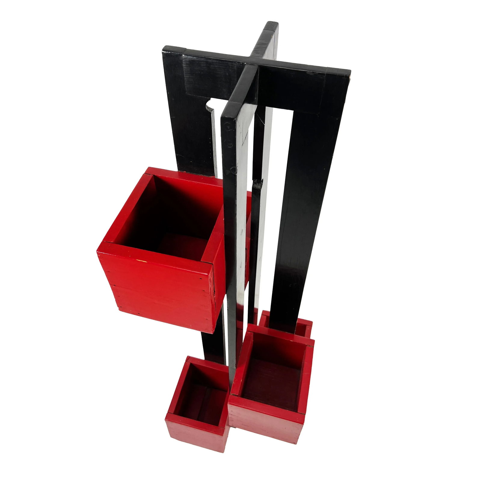 Vintage 1960s Handmade Modern Painted Black & Red Wood De Stilj Staggered Cubes Floor Planter - 7