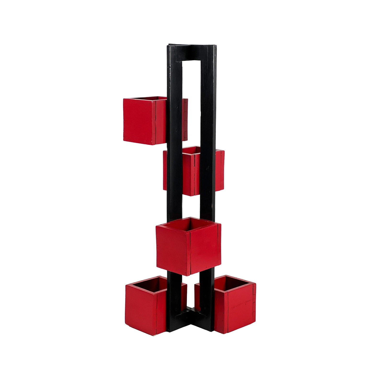 Vintage 1960s Handmade Modern Painted Black & Red Wood De Stilj Staggered Cubes Floor Planter - 9