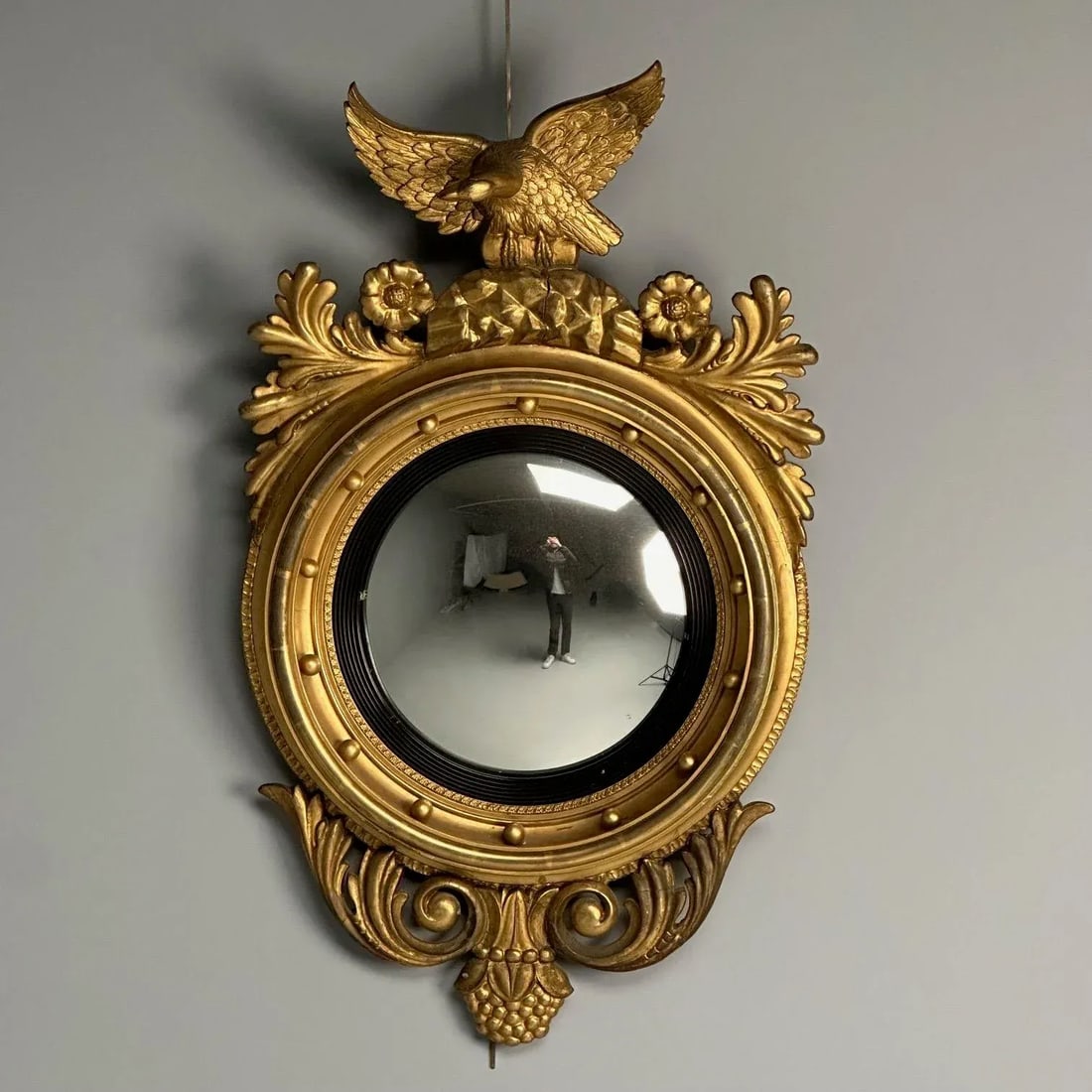 Regency, Circular Convex Wall Mirror, Giltwood, Eagle Motif, Usa, 1950s - 2