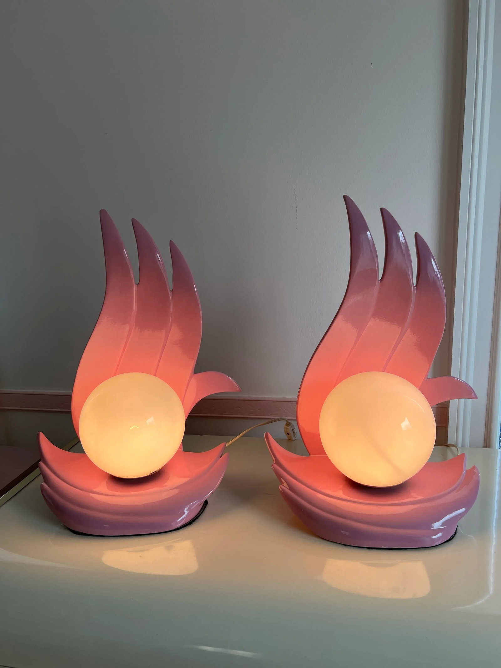 1980 Pink Flame Art Deco Lamps - a Pair - 3