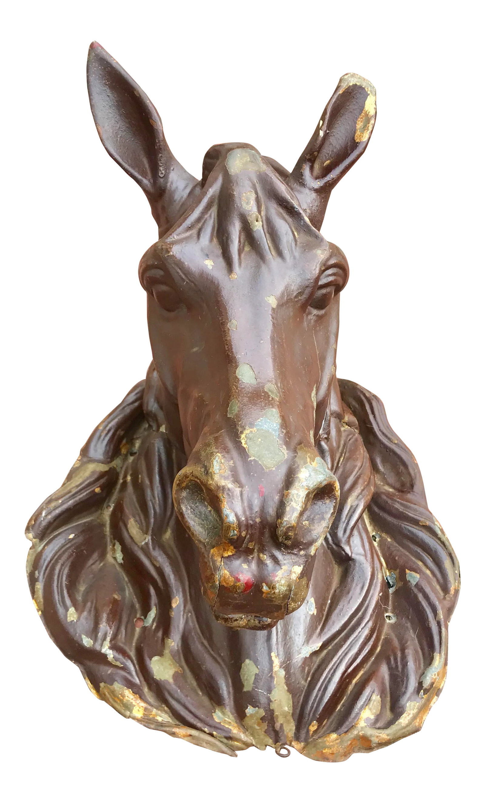 Antique French Butchers Horse Head: Moulded zinc horse head originally with gilt finish then repainted in brown, circa 1860. This originally hung outside a Paris butcher shop. Condition: Alterations: Original Design Modified