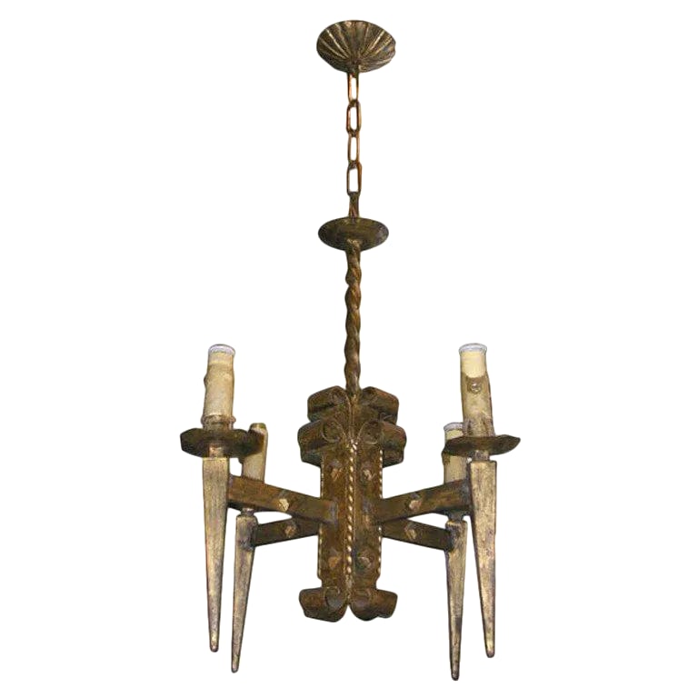 French Gilt Metal Brutalist Style Chandelier (1 of 8)