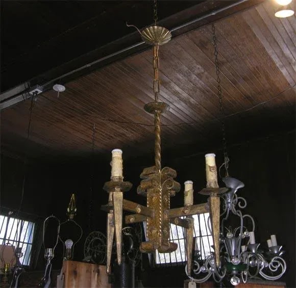 French Gilt Metal Brutalist Style Chandelier - 2