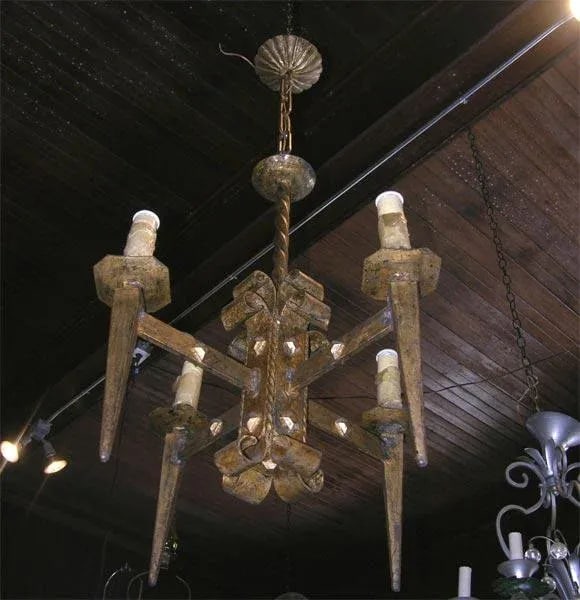 French Gilt Metal Brutalist Style Chandelier - 3
