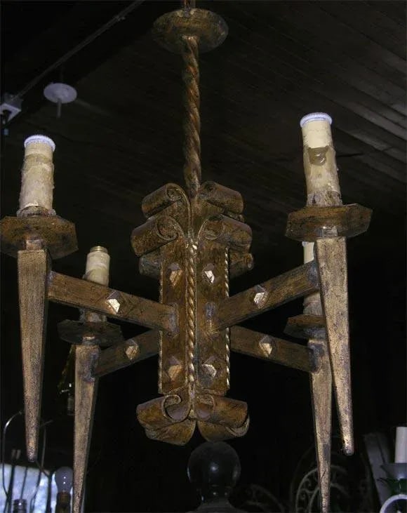 French Gilt Metal Brutalist Style Chandelier - 4