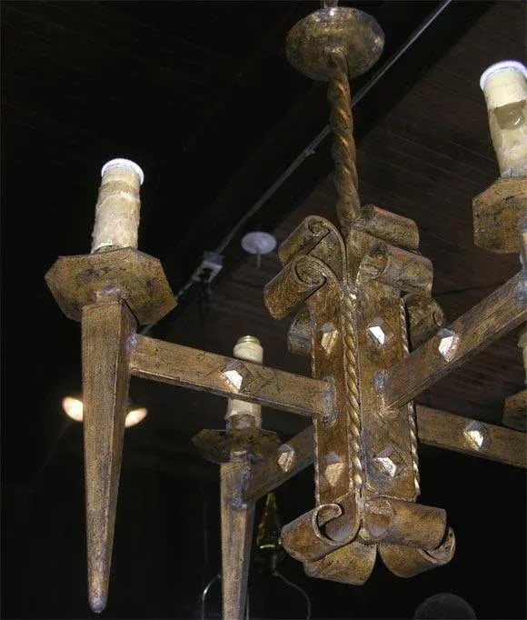 French Gilt Metal Brutalist Style Chandelier - 7