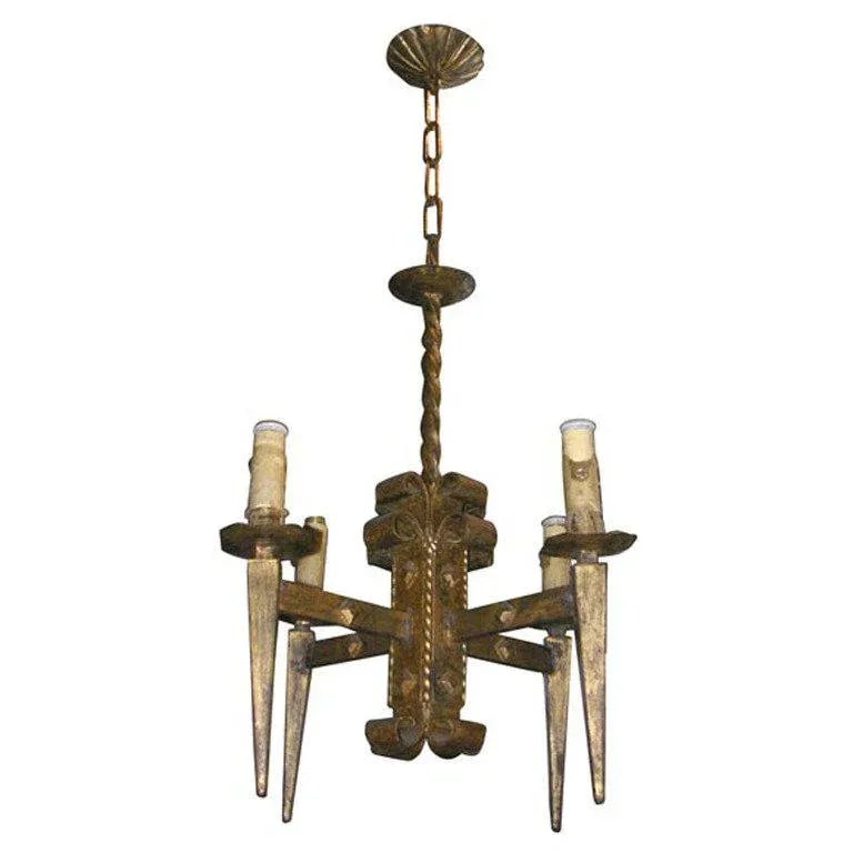 French Gilt Metal Brutalist Style Chandelier - 8