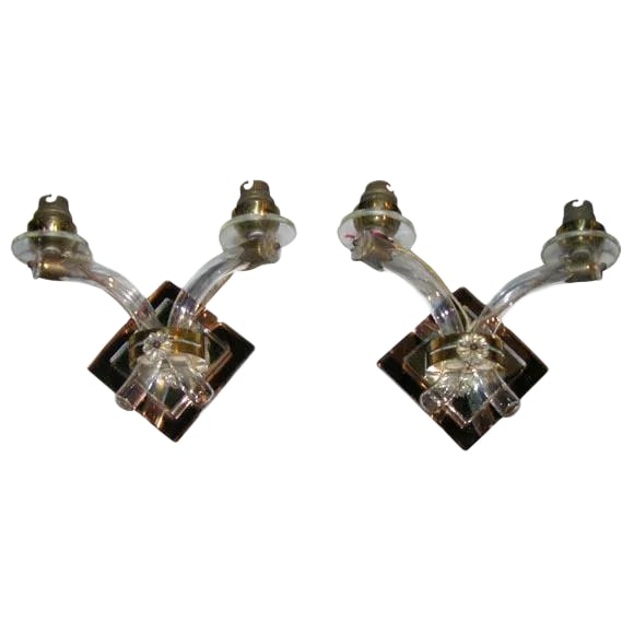 1930s Vintage French Mirrored Sconces- a Pair: Pair of small pink mirror and clear mirror back sconces with blown glass arms and lucite bobeches. Condition: Alterations: Unknown Imperfections: Some Imperfections Condition Notes: Excellent with Fre