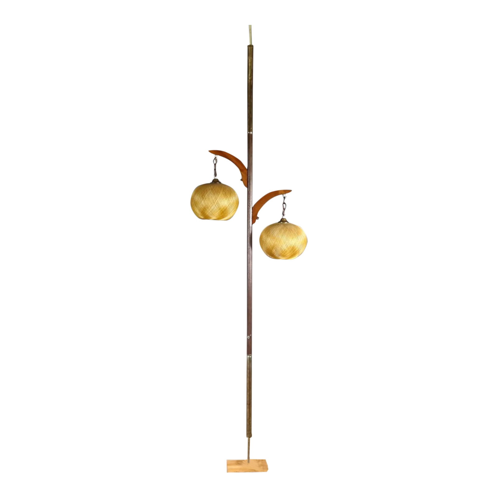 Mid Century Spun Fiberglass Tension Pole Floor Lamp Raw Modern Atomic Retro Space Age: Very cool vintage mid century tension pole floor lamp spun Fiberglass shades. It is in good vintage condition with some normal tarnish to the brass plate and a little other damage to the faux wood