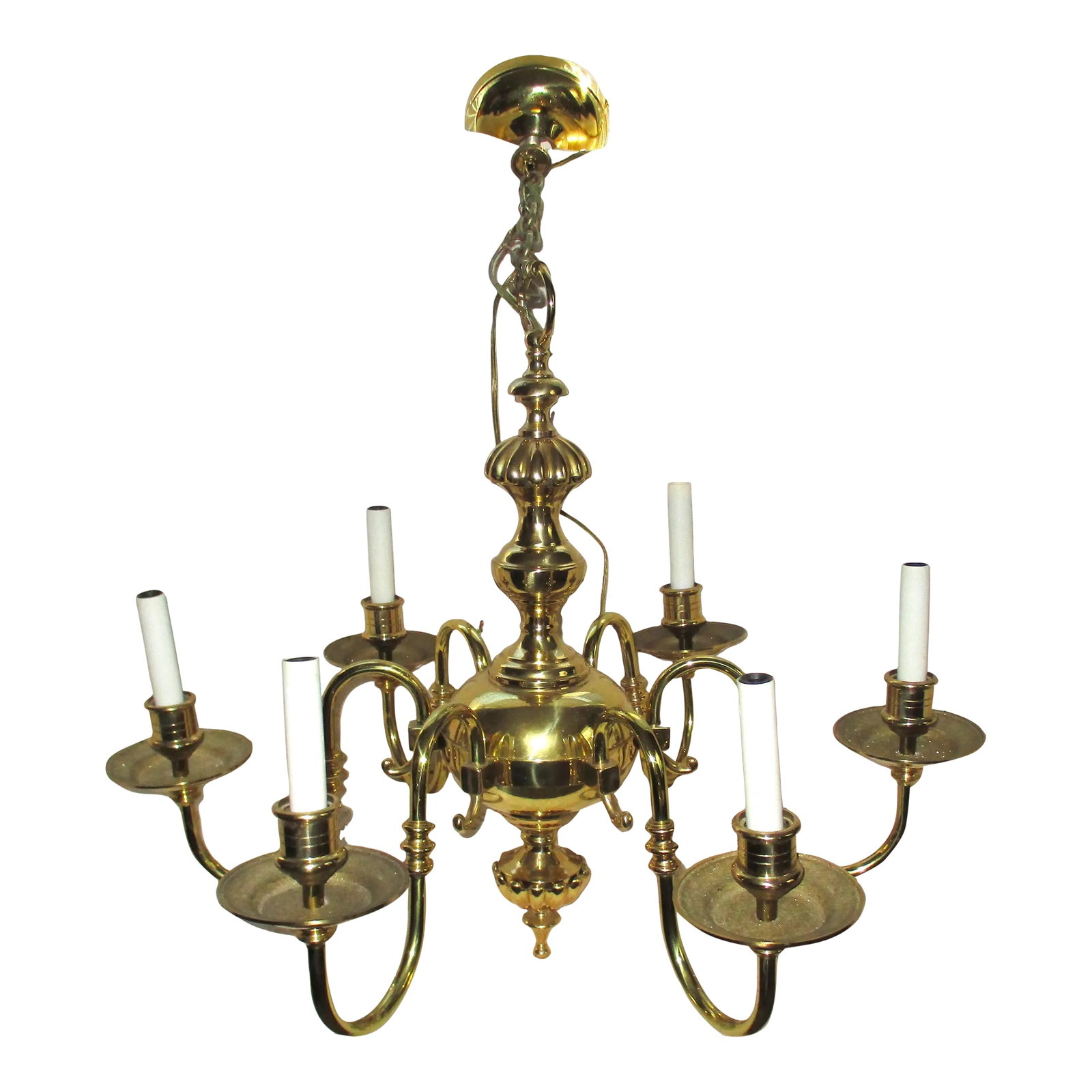 Vintage French Empire Style Late 20th Century Solid Brass Ornate 6 Light Chandelier: This is a Gorgeous! Vintage Ornate Solid Brass French Empire Chandelier that has 6 Lights with large Drip Cups on the lights and with a Beautiful turned center pole and Finial at the base. This is a v
