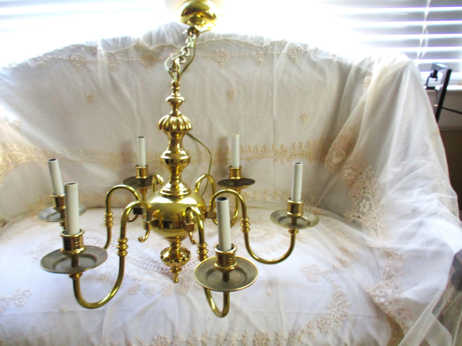Vintage French Empire Style Late 20th Century Solid Brass Ornate 6 Light Chandelier - 3