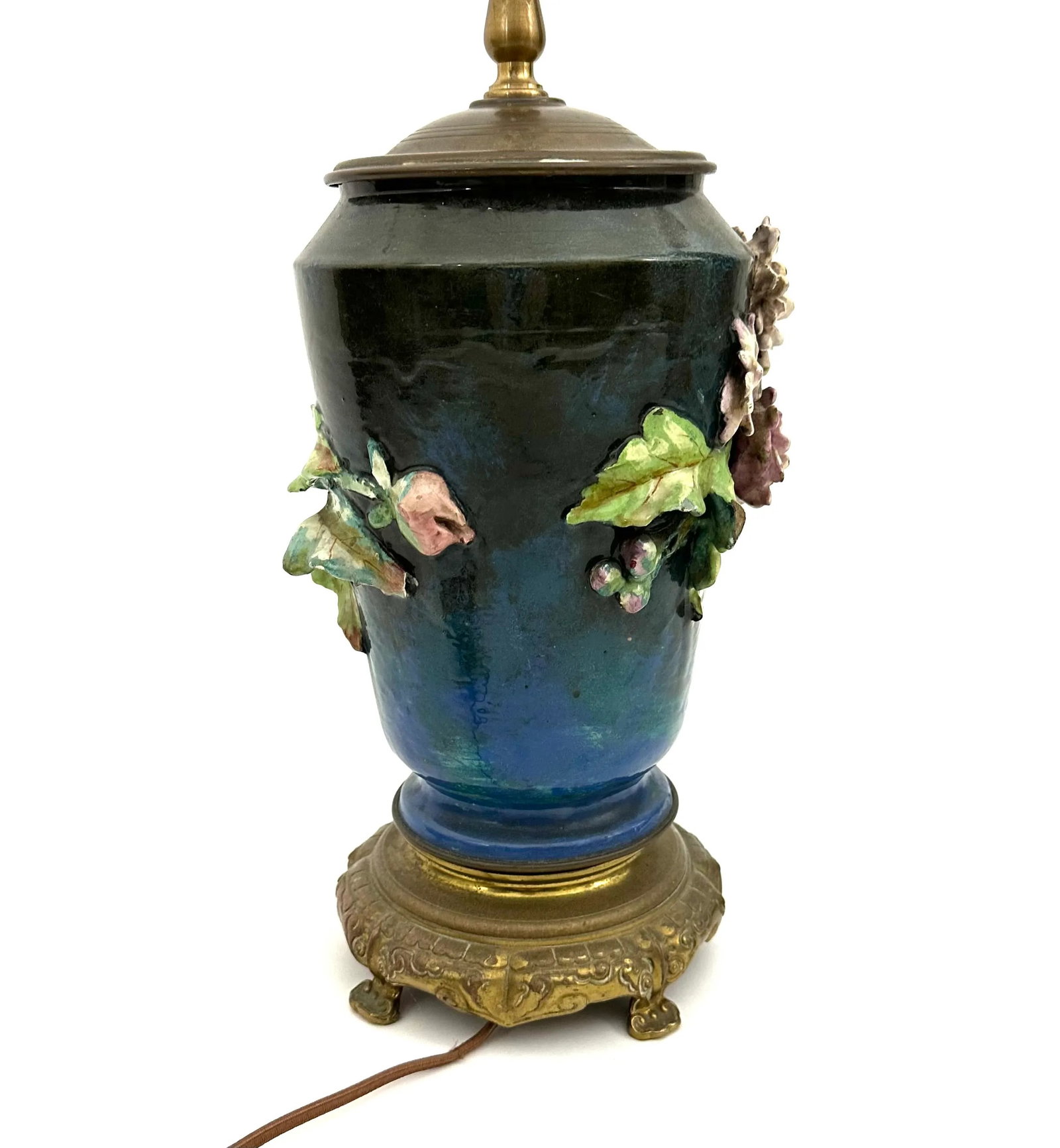 Antique French Barbotine Majolica Floral Lamp - 12