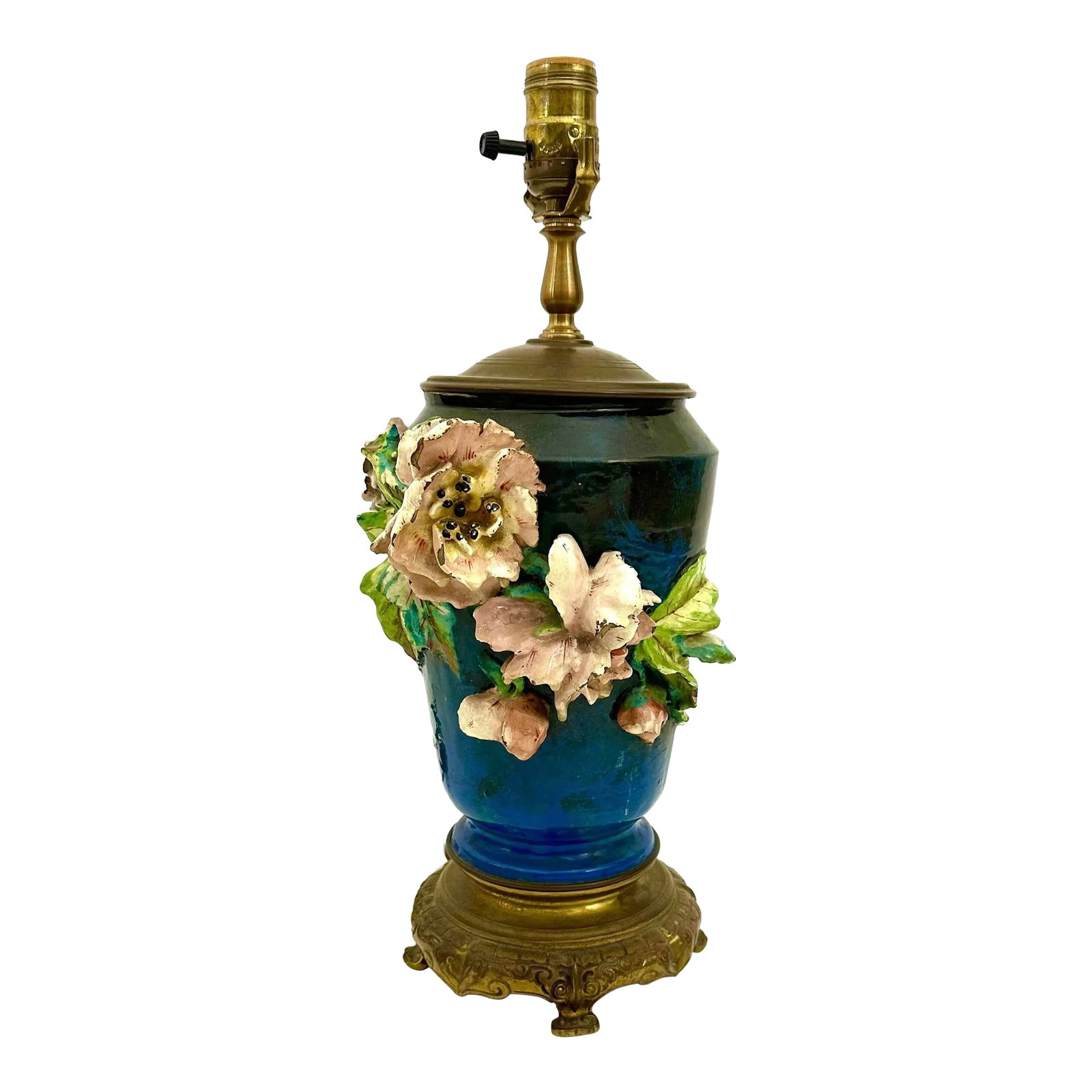 Antique French Barbotine Majolica Floral Lamp: Mounted on a brass base this French Barbotine gros relief pottery dates to the late 1800s. There are no chips or cracks and the pottery is indicative of an antique item with wear typical of its age. I