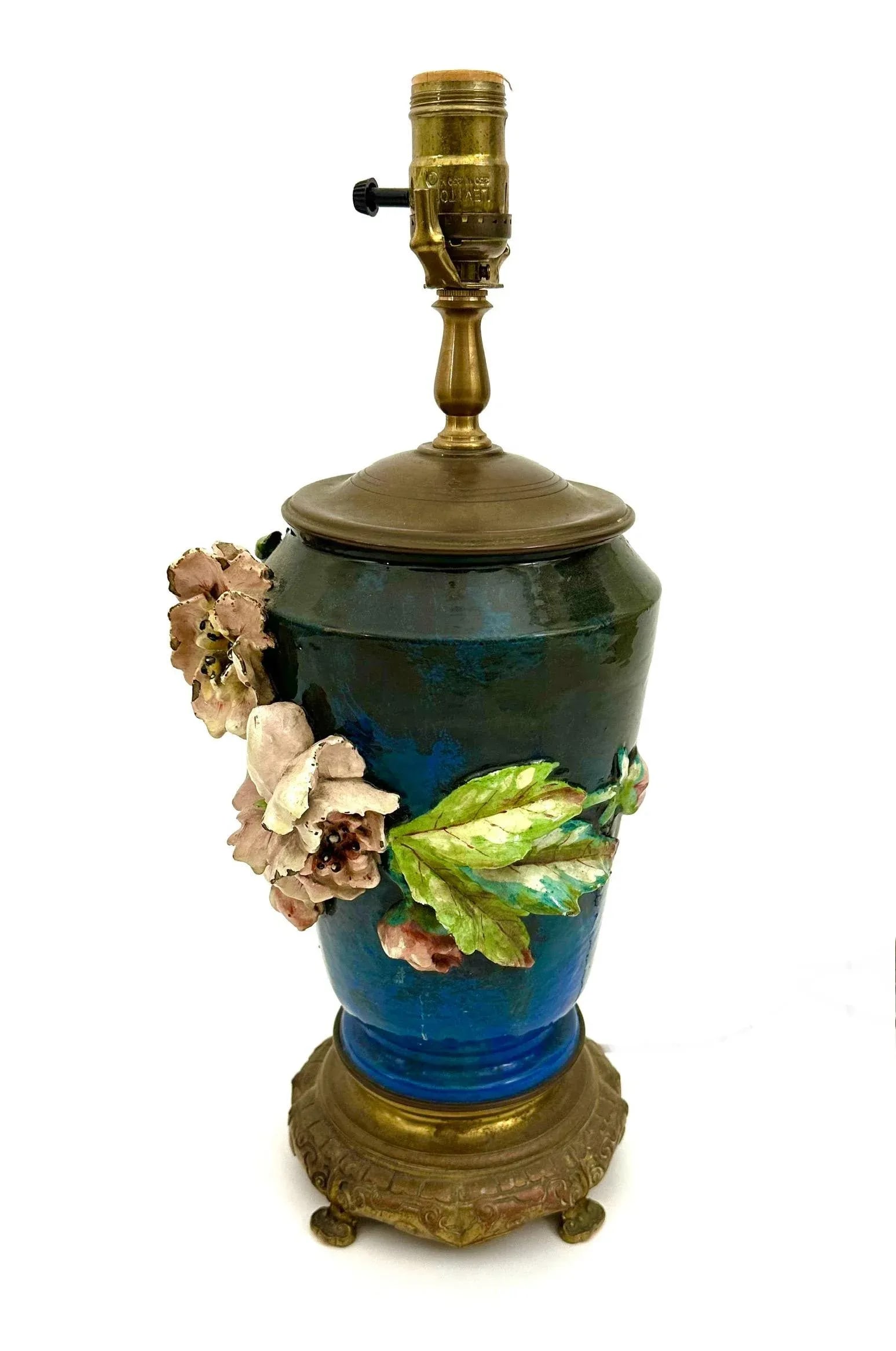 Antique French Barbotine Majolica Floral Lamp - 2