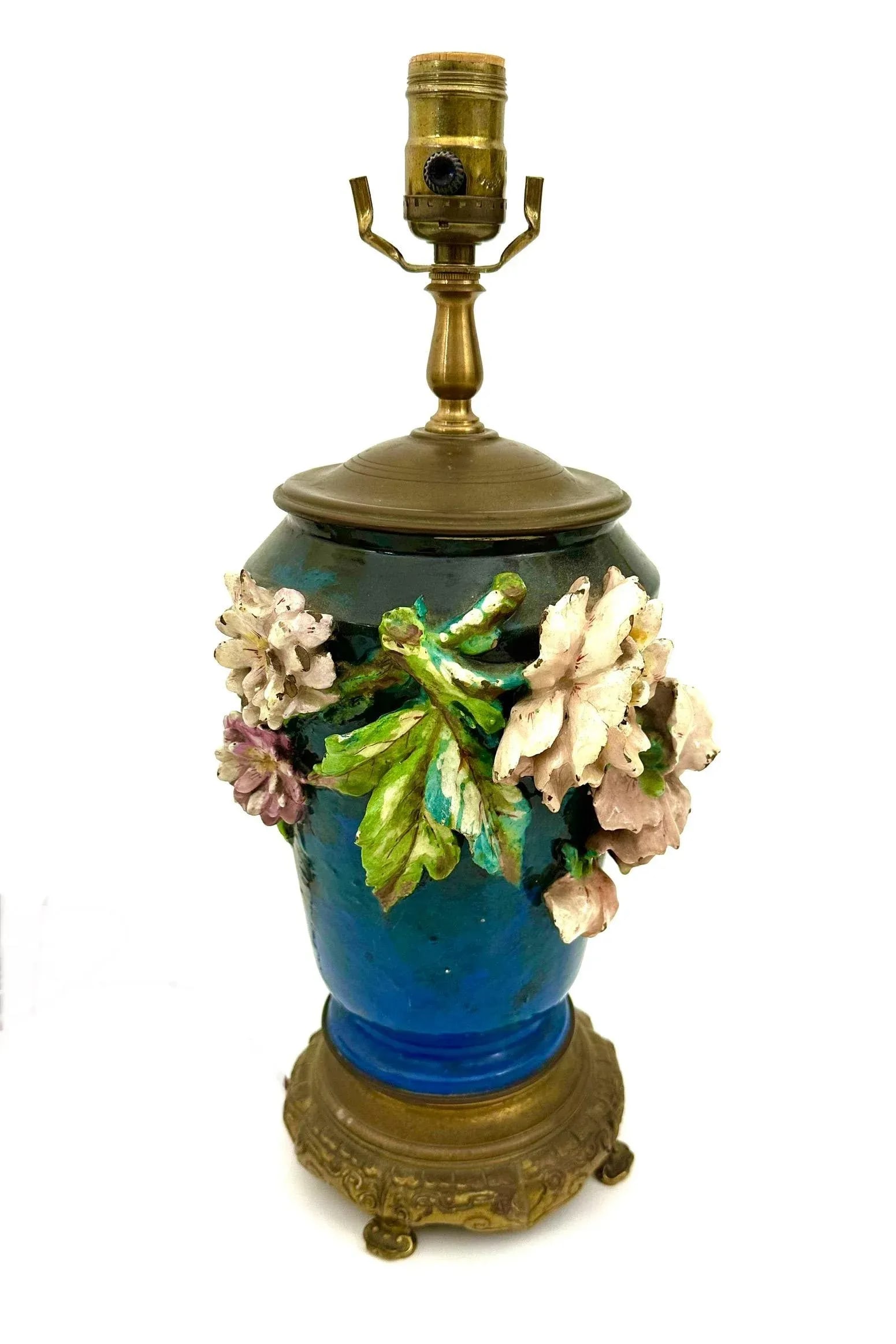 Antique French Barbotine Majolica Floral Lamp - 3