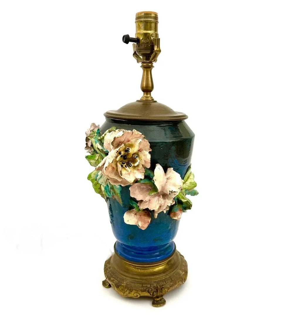 Antique French Barbotine Majolica Floral Lamp - 4