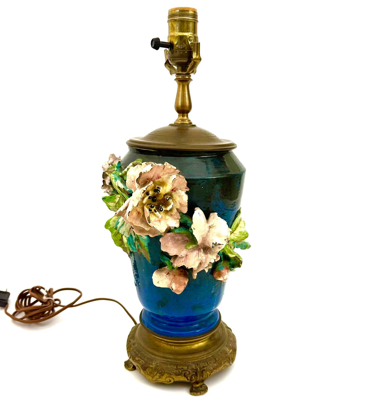 Antique French Barbotine Majolica Floral Lamp - 5