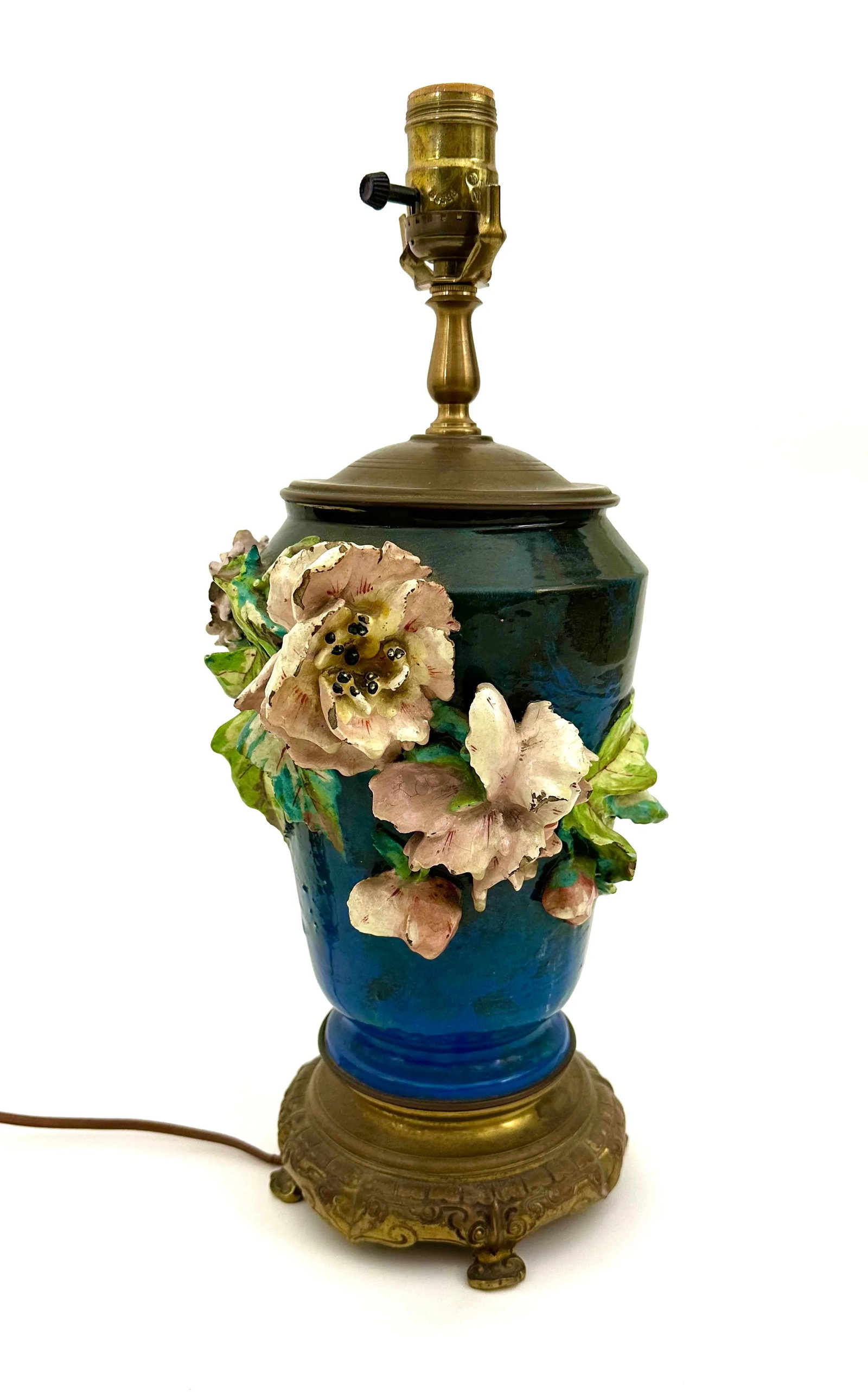 Antique French Barbotine Majolica Floral Lamp - 6