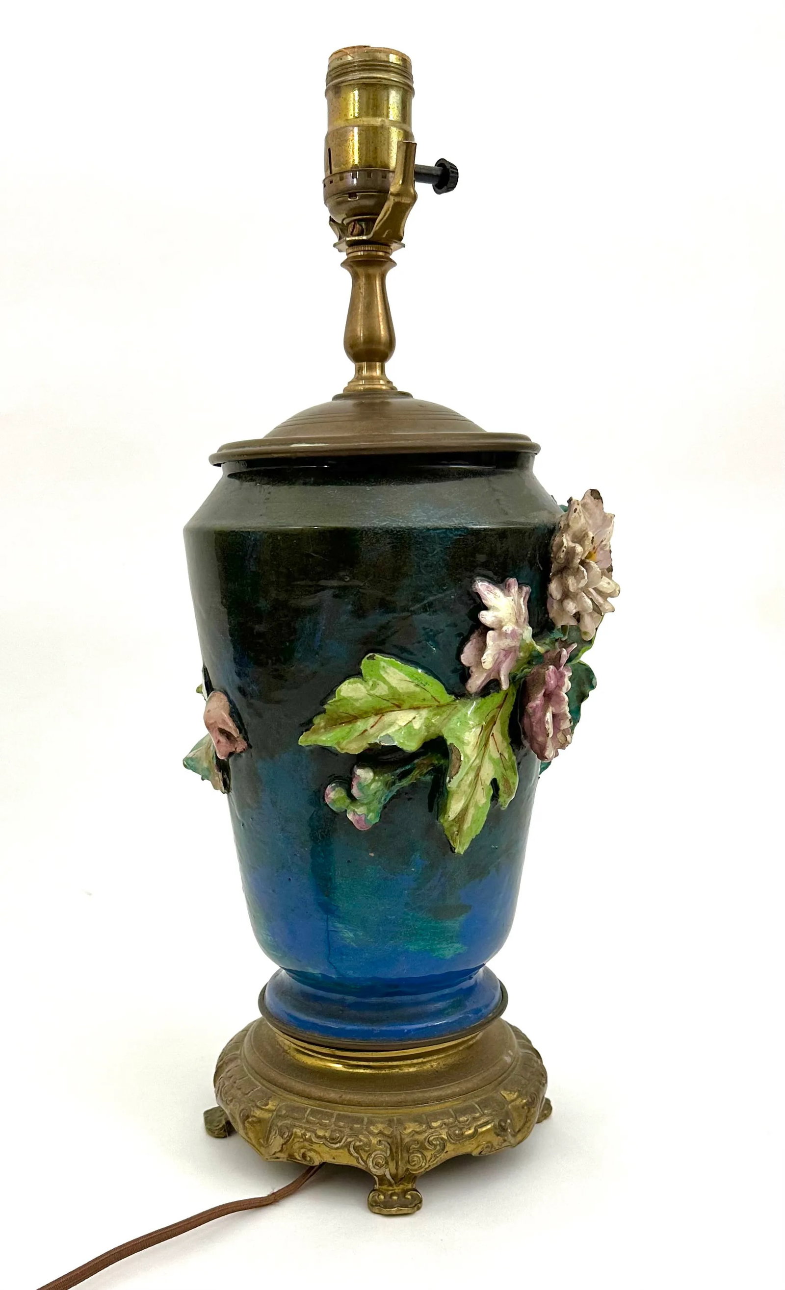 Antique French Barbotine Majolica Floral Lamp - 8