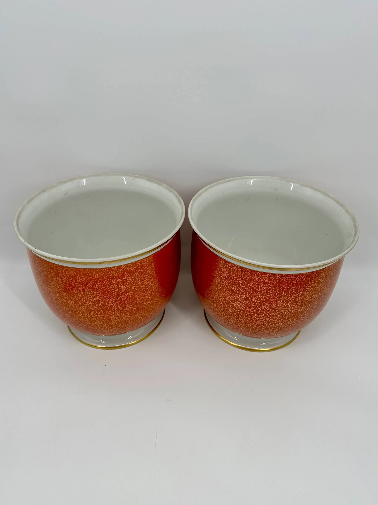 1980s Vintage Giulia Mangani / Goodfriend & Co. Porcelain Orange & Gold Jardinieres- a Pair - 5