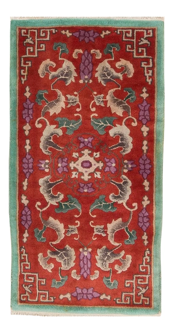 1930s Vintage Chinese Art Deco Rug - 2'1'' * 3'11'': In top condition,this 1930's Nichols Chinese mat shows a rich,almost rust,red field with a red central,outlined,four lobed paeony medallion.The central motif sprouts four twisting,3-dimensional leaf