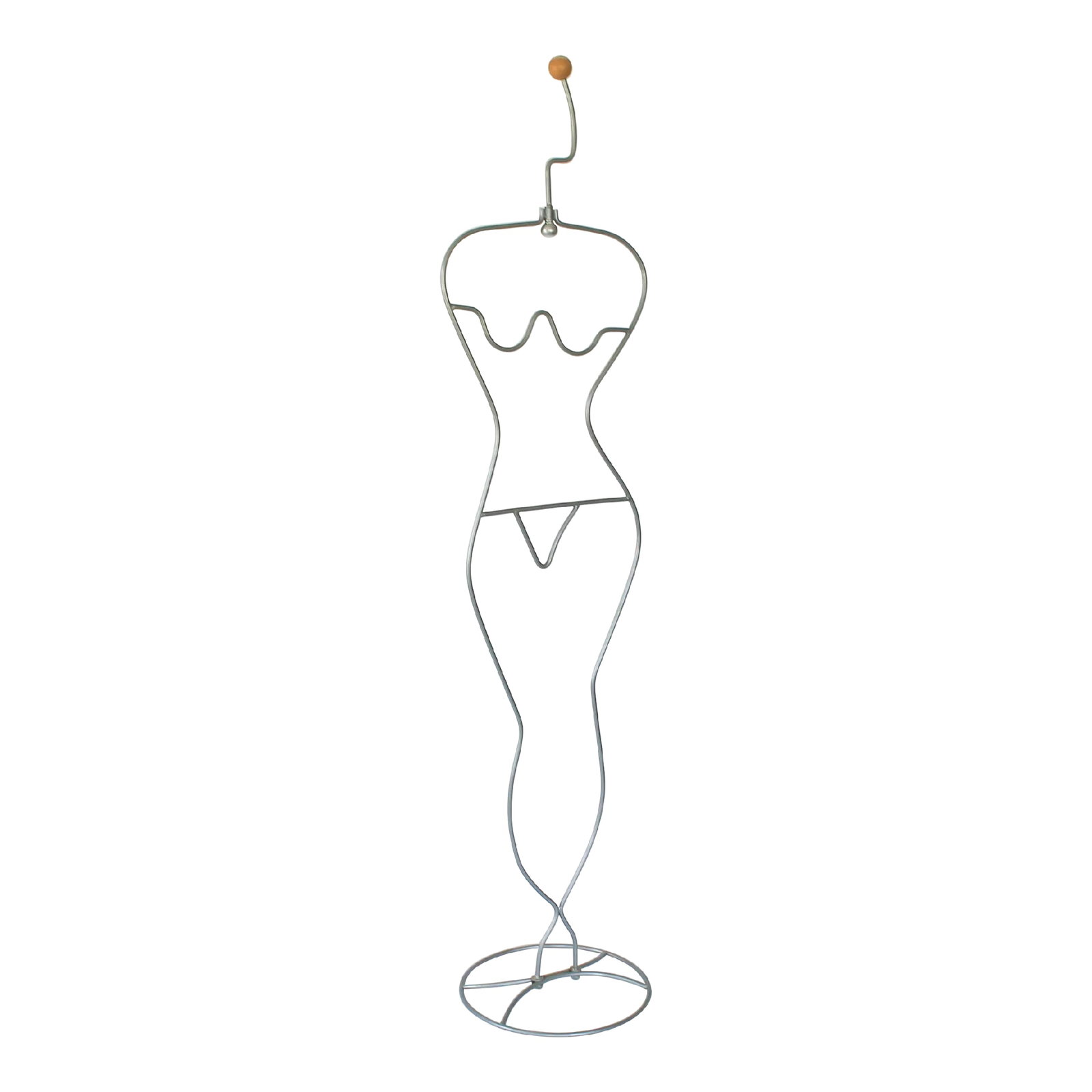 1980s Laurids Lonborg Postmodern Figural Female Valet for Ikea: Vintage IKEA 1980s wire valet designed by Laurids Lonborg. Mannequin like female body form made in gray bent metal with a wooden top finial. No makers mark. Some age wear to painted finish.