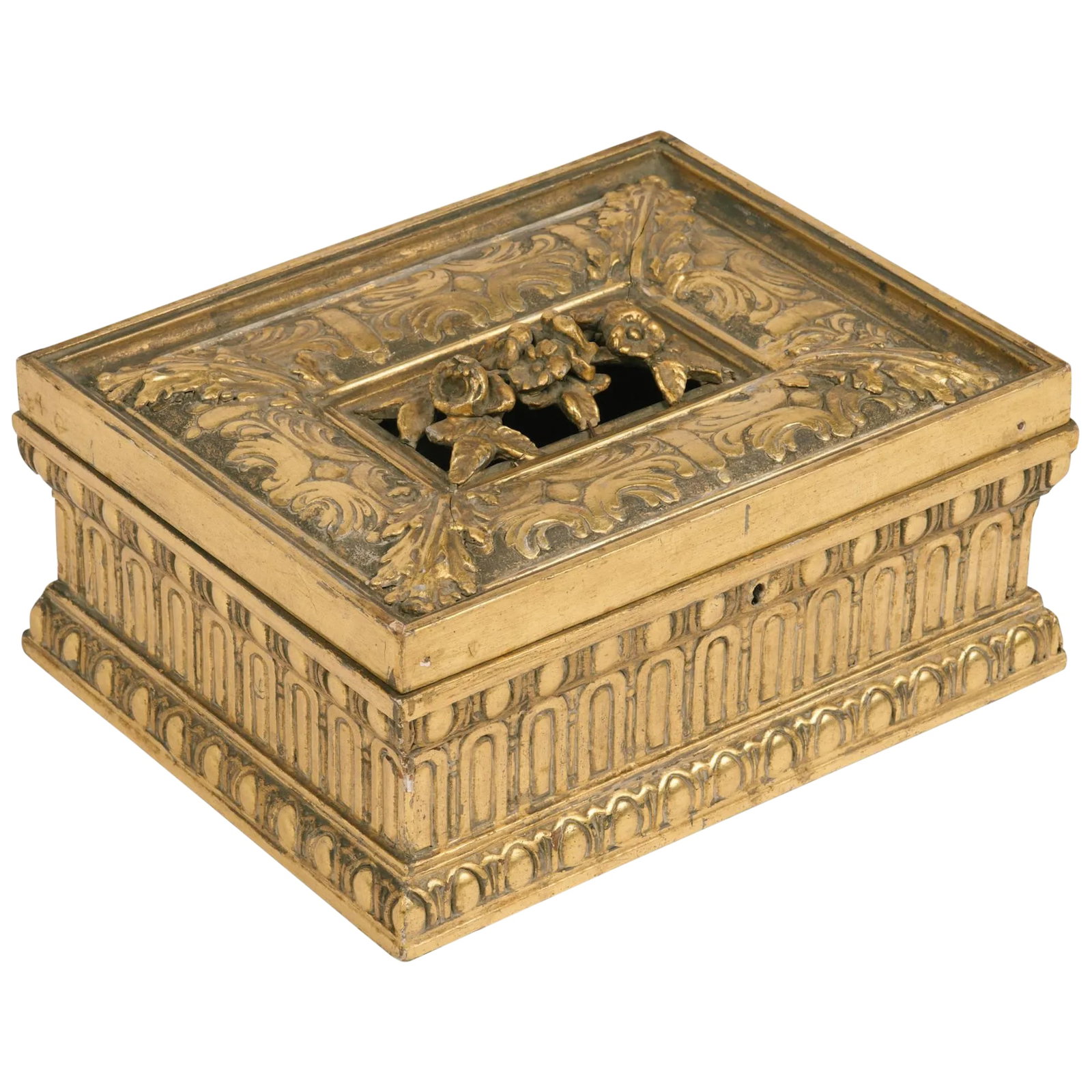 1920s Giltwood and Gesso Box: 1920s giltwood and gesso box. Condition: Alterations: Original Condition Unaltered Imperfections: Some Imperfections Condition Notes: Good some pieces of gesso missing Minor losses. Materials &