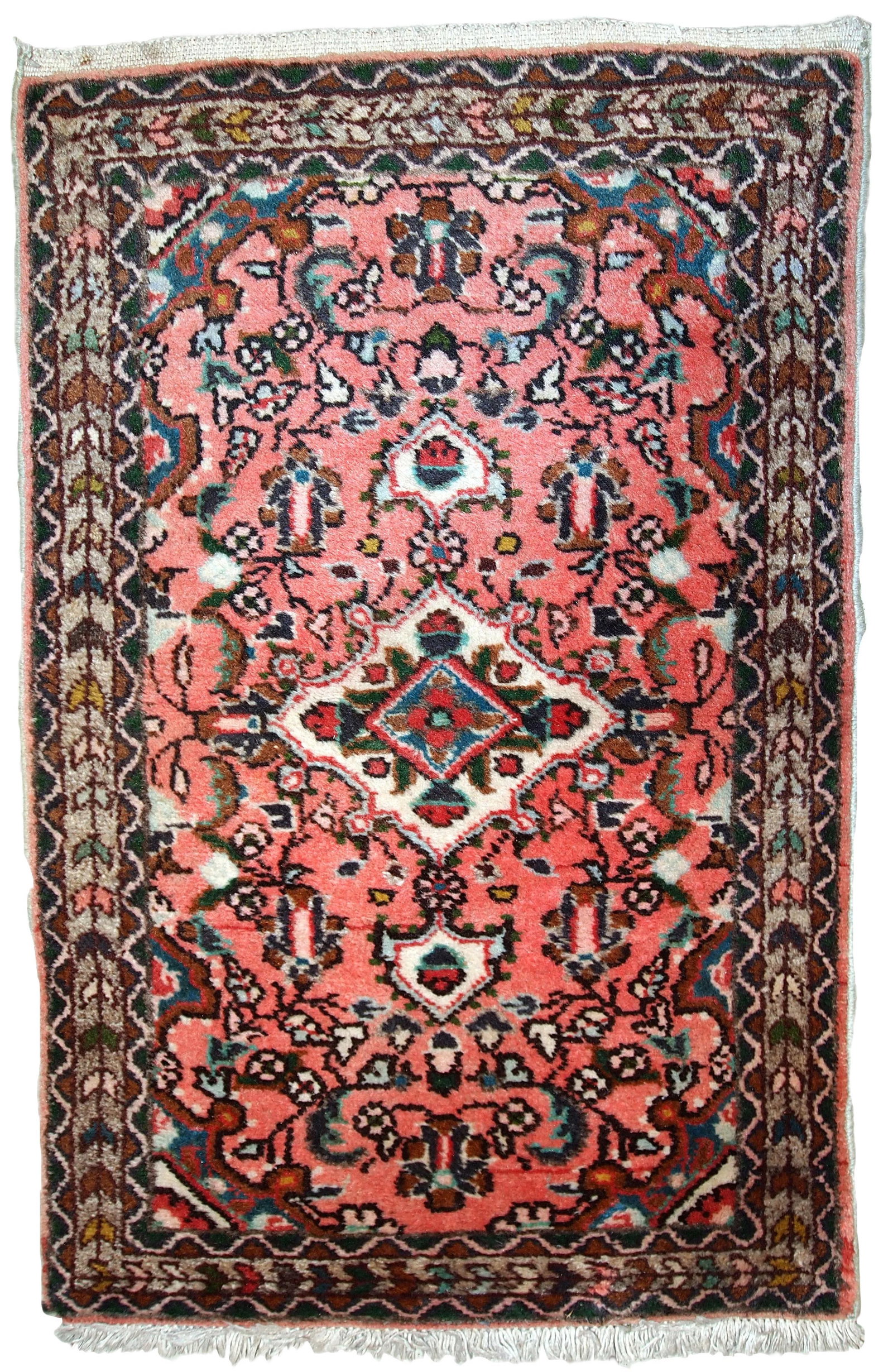 1970s Handmade Vintage Persian Lilihan Rug 1.9' X 3': Handmade vintage Lilihan rug in pink wool. This rug has been made in the middle of 20th century in Middle East region. -condition: original good, -circa: 1970s, -size: 1.9' x 3' (59cm x 93cm),