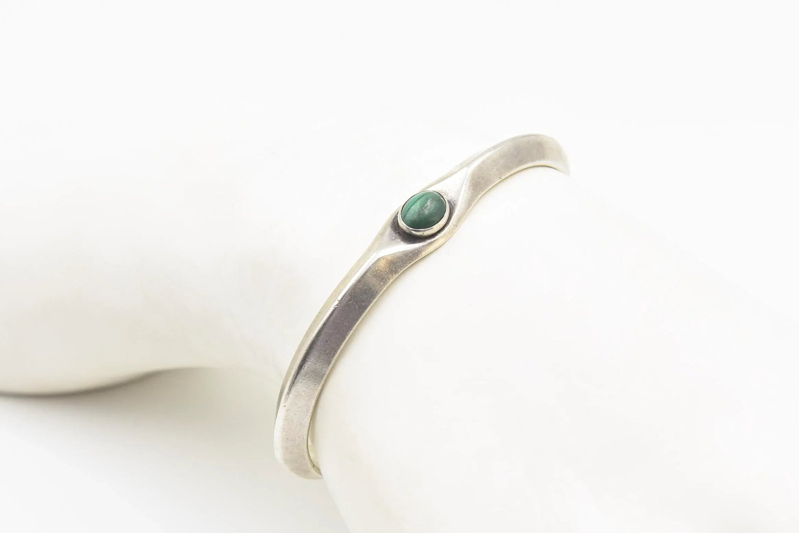Vintage Navajo Native American Malachite Sterling Silver Cuff Bracelet by Russell Sam - 2