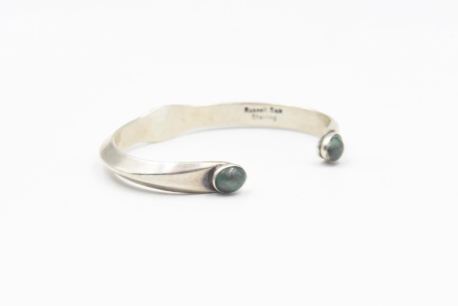 Vintage Navajo Native American Malachite Sterling Silver Cuff Bracelet by Russell Sam - 3