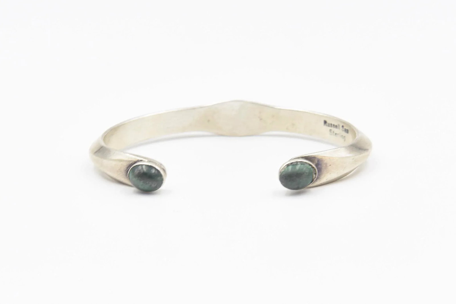Vintage Navajo Native American Malachite Sterling Silver Cuff Bracelet by Russell Sam - 7