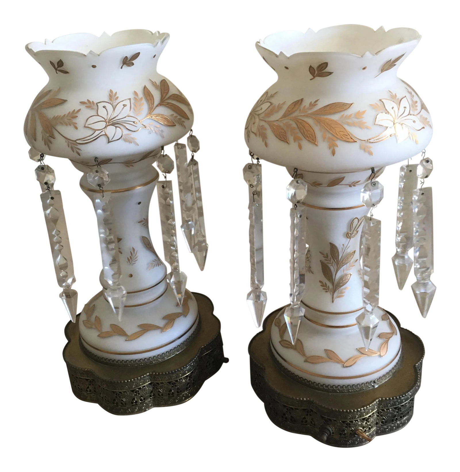 Vintage Crystal Lamps - A Pair: There unique table lamps have brass bottoms. Their hanging crystals make them enchanting. On the outside of the lamps are gold designs. I fell in love with them the moment I saw them. Condition: Alter