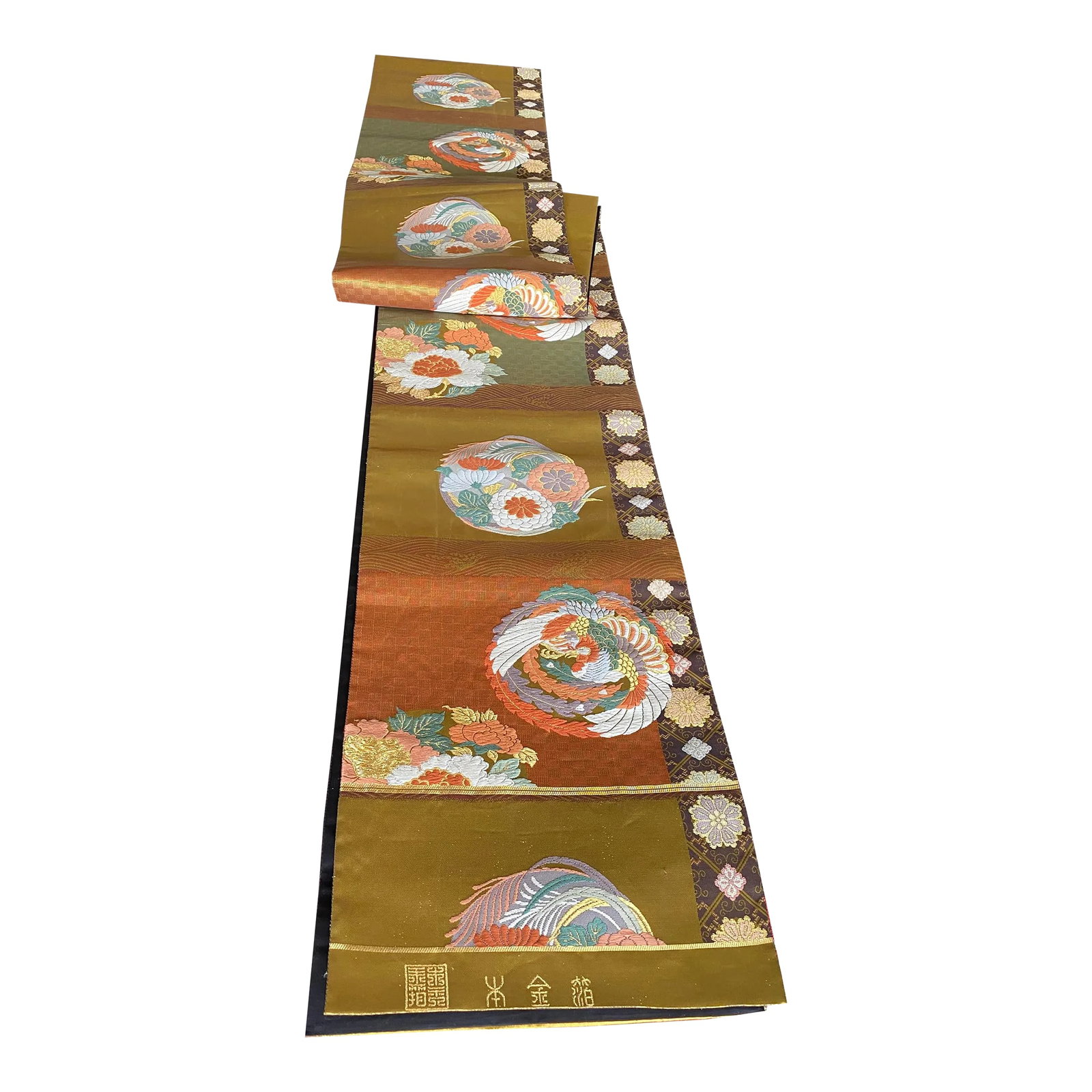 Vintage Japanese Silk Embroidered Obi: Exquisite Japanese Obi (belt) with silk embroideries on one side with fine craftsmanship. The fabric is weaved with precious metallic silk 24k gold threads. This piece may be made after WWII. Can be