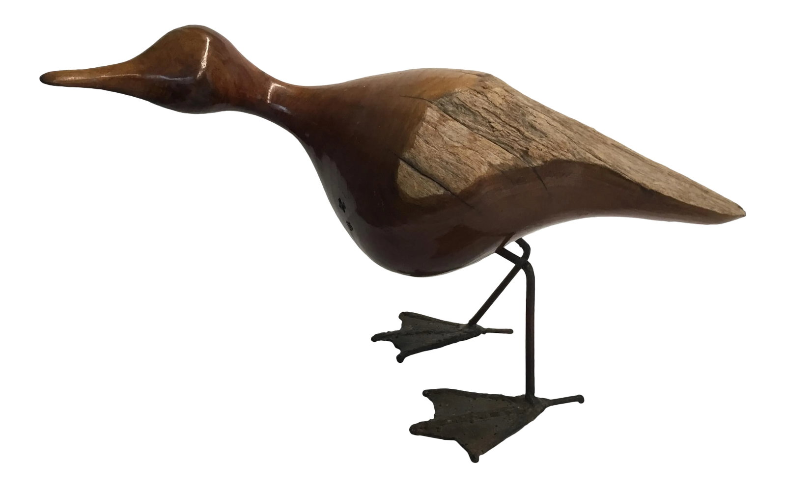 Mid Century Abstract Life Size Raw-Edge Wood and Metal Duck Figurine: One of a kind sculpture ! Varnished wood with natural raw edge detail beautifully incorporated . Metal "duck feet"add a modern twist . Makers stamp and date on side. Condition: Alterations: Original