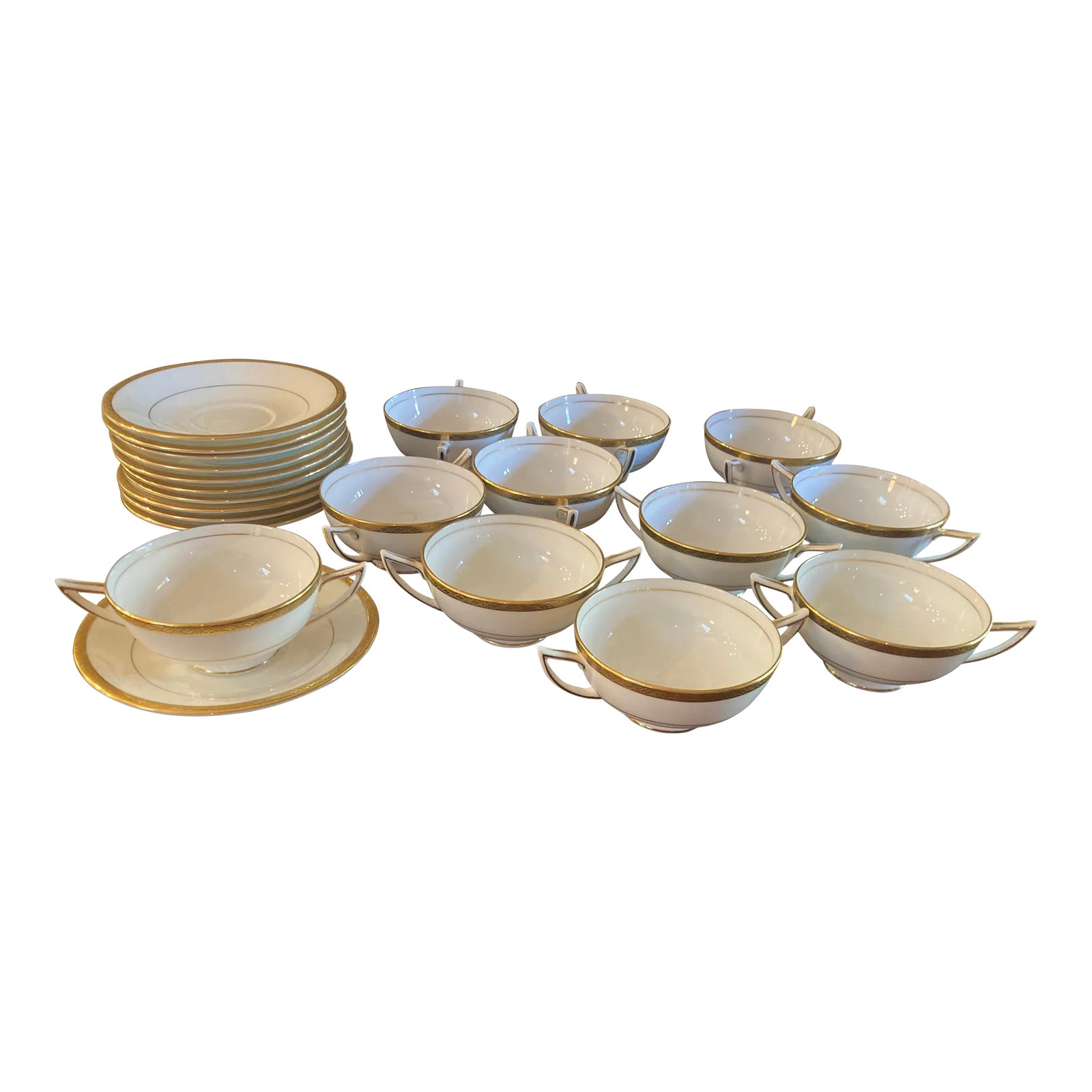 1950s Minton Bone China Gold Encrusted Cream Soup Bowls With Saucers- 22 Pieces (1 of 3)