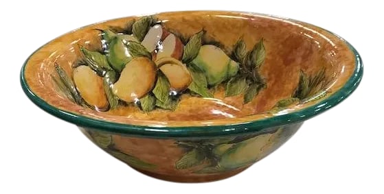 Majolica Pottery Salad Bowl With Pears: The Santa Rosa workshop lies in the mountains of central Mexico, high above the city of Guanajuato at 8,360 feet. The company takes its name from both the town and the clay of the local Sierra de Sant