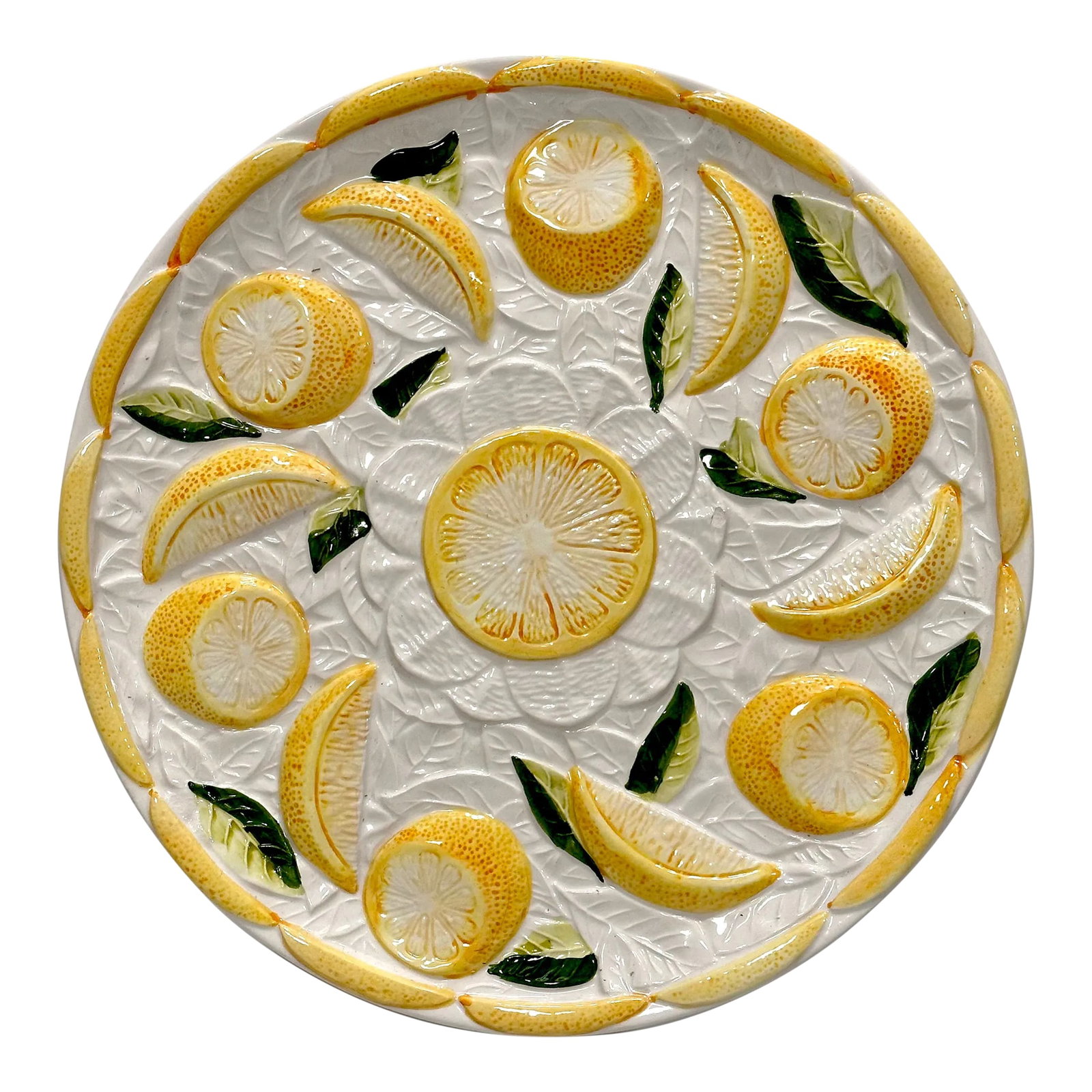 1970s Sculptural Majolica Lemon Hand Painted Platter, Portugal: Lemon Motif Sculptural Majolica Platter Hand Painted made in Portugal Sculptural Lemons & Leaves Decorative Platter Excellent Vintage Condition See Photos for Details Glaze is glossy & Colors Clear &