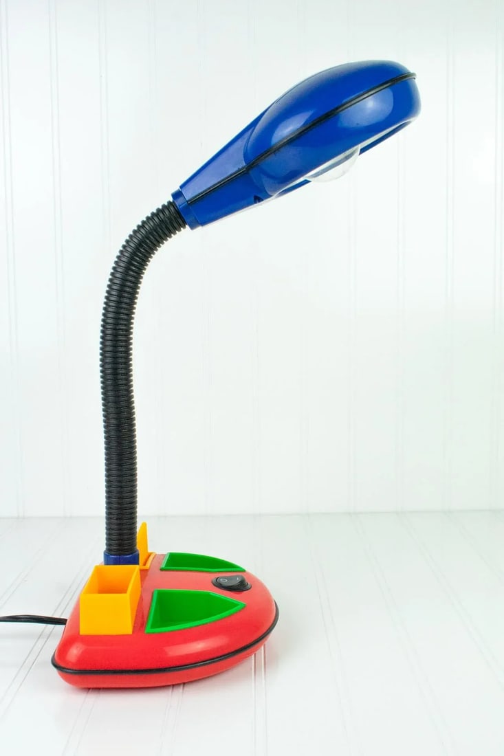Vintage 1980's Rabbit Tanaka Gooseneck Memphis Desk Lamp & Organizer, Red & Blue - 2