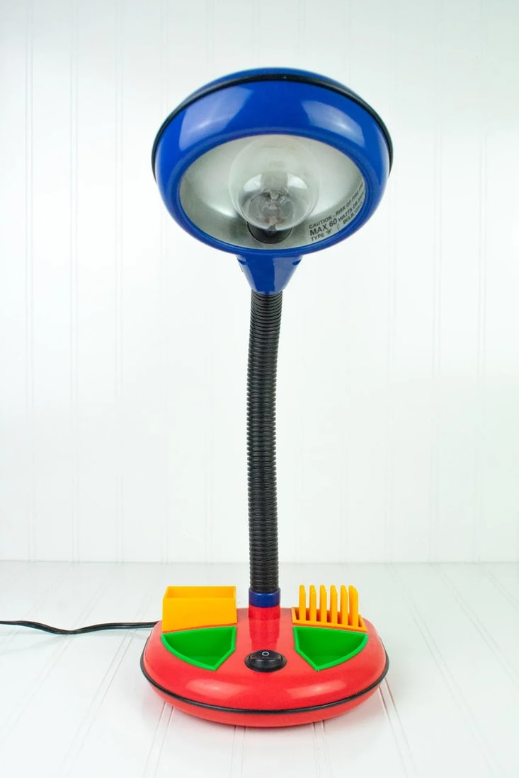 Vintage 1980's Rabbit Tanaka Gooseneck Memphis Desk Lamp & Organizer, Red & Blue - 3