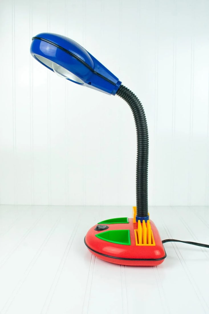 Vintage 1980's Rabbit Tanaka Gooseneck Memphis Desk Lamp & Organizer, Red & Blue - 4