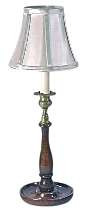 Antique English Turned Wood & Brass Lamp: Antique 19th century English turned wood and brass lamp with silk shade. Floral and leaf design on brass. No maker's mark. Electrified and in working condition. Takes a 40W-max bulb. Shade: 6.25"Dia