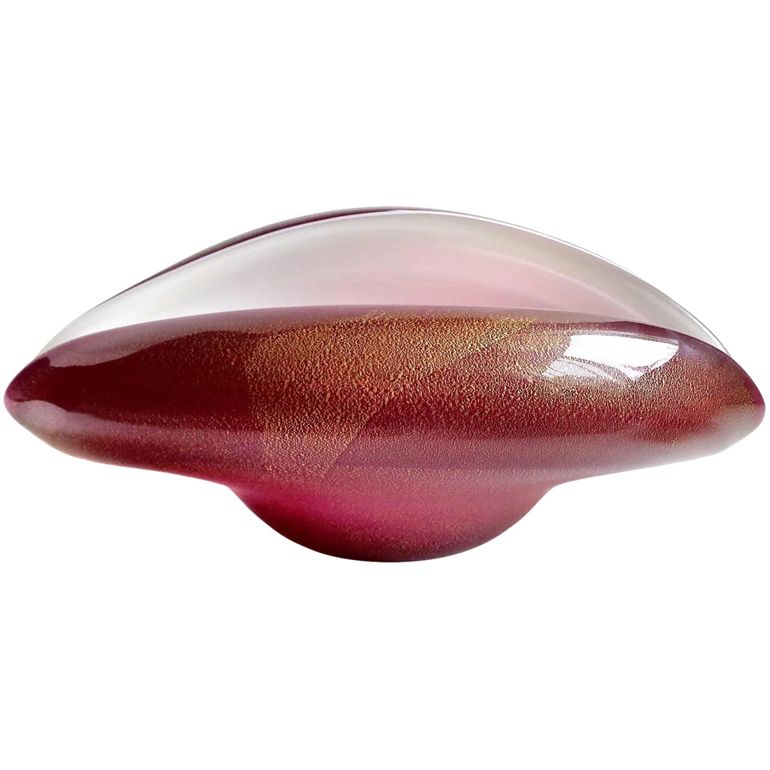 Vintage Murano Burgundy Red White Gold Flecks Italian Art Glass Mid Century Centerpiece Bowl: Beautiful large vintage Murano hand blown burgundy red, white and gold flecks Italian art glass clam shell shaped bowl. In the manner of designer Archimede Seguso. Profusely filled with gold leaf, ins