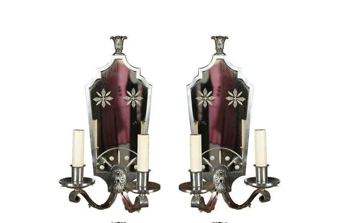 1940s Vintage Nickel and Mirror Sconce Each - 10