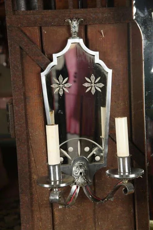 1940s Vintage Nickel and Mirror Sconce Each - 9