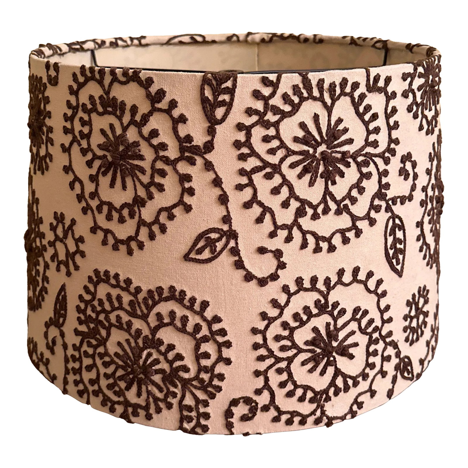 Vintage Linen Embroidered Lampshade: A beautiful brown embroidered on linen lampshade. This piece is in remarkably pristine condition. A truly unique accent to your midcentury modern lamp. Condition: Alterations: Original Condition