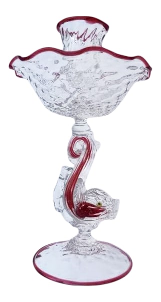 Murano Italian Art Glass Candlestick: Gorgeous, delicate early Murano Italian art glass candlestick with dolphin stem. The clear glass has a beautiful quilted pattern with red accents. Early 20th century Condition: Alterations: Original