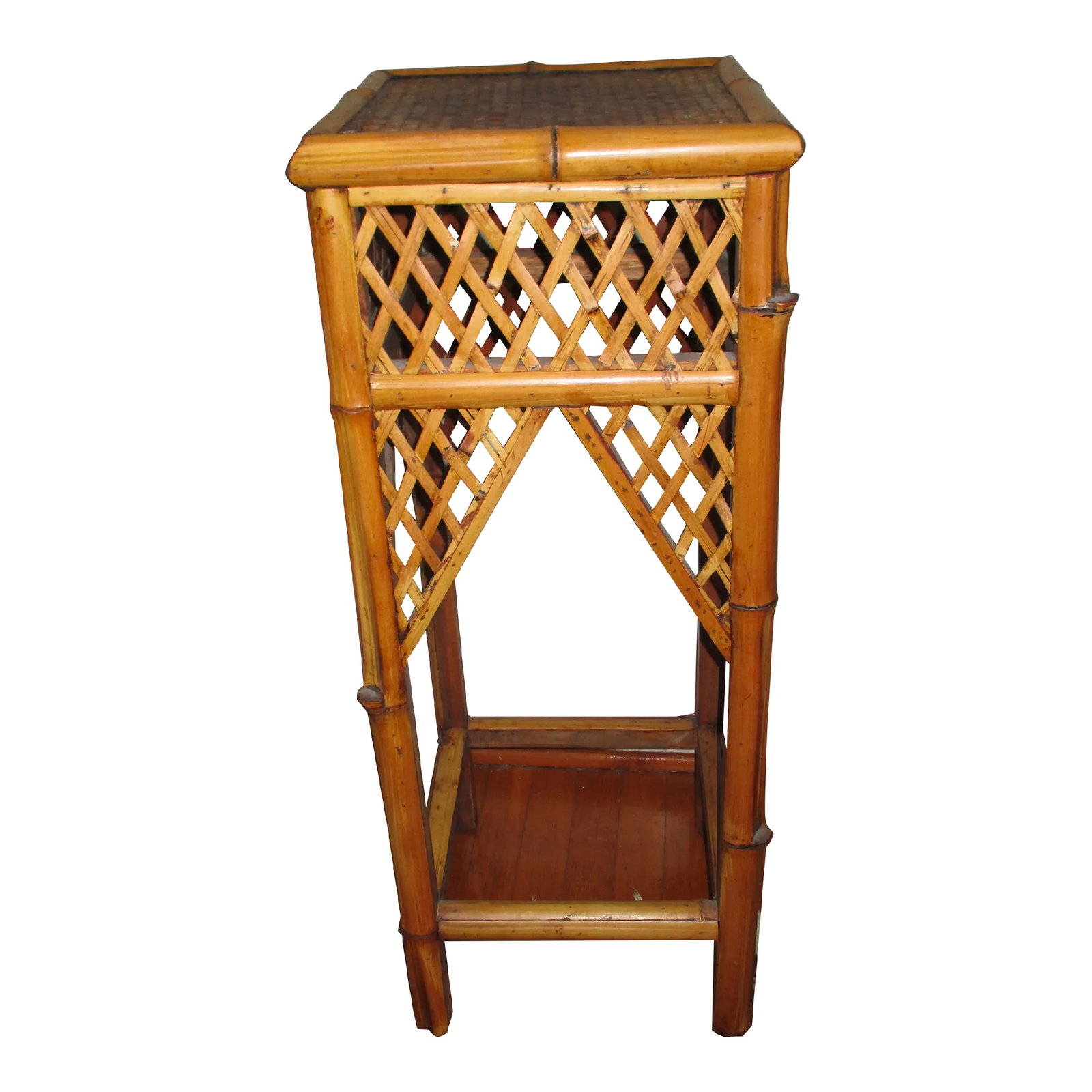 Vintage Bamboo Plant Stand / Table With Lattice Work: This is a Gorgeous Vintage Bamboo Plant / Stand that has Lattice Work on the sides and is Very Heavy and Sturdy and in Nice Condition with Wear such as a Stain on the top and stands 34" tall x 13"
